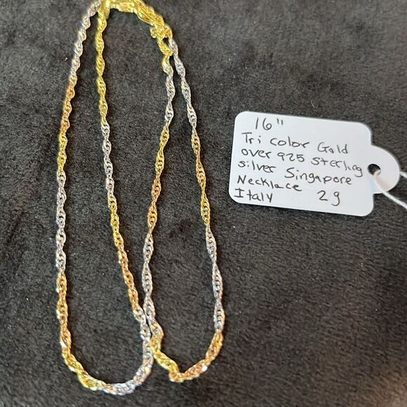 16” Tri Color Gold over 925 Italian Sterling Silver Singapore Necklace - Picture 8 of 9